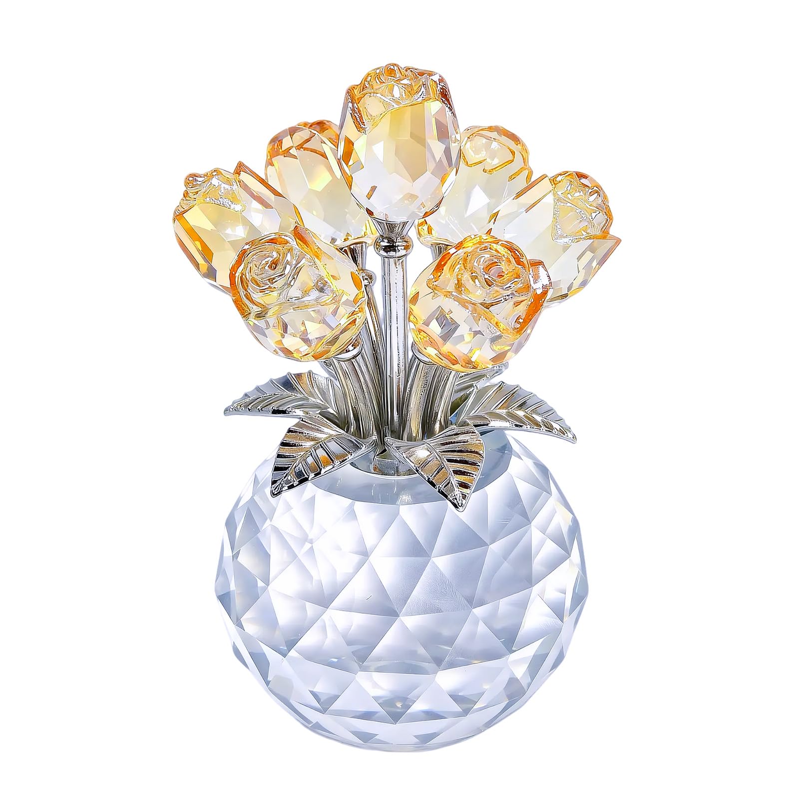Crystal Pink Rose Flower Figurine Ornaments, Glass Rose Bouquet Crystal Ornaments Gifts for Home Living Room Shelves Wedding Decorations (Gold)