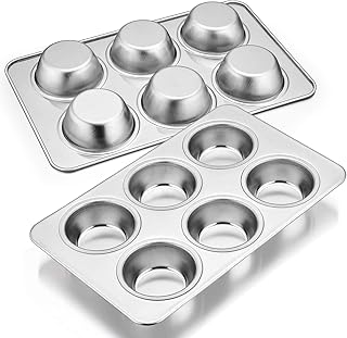 E-far Muffin Pan Set of 2, Stainless Steel Muffin Pan Tin for Baking, 6-Cup Metal Cupcake Pan Tray, Non-toxic & Healthy, O...