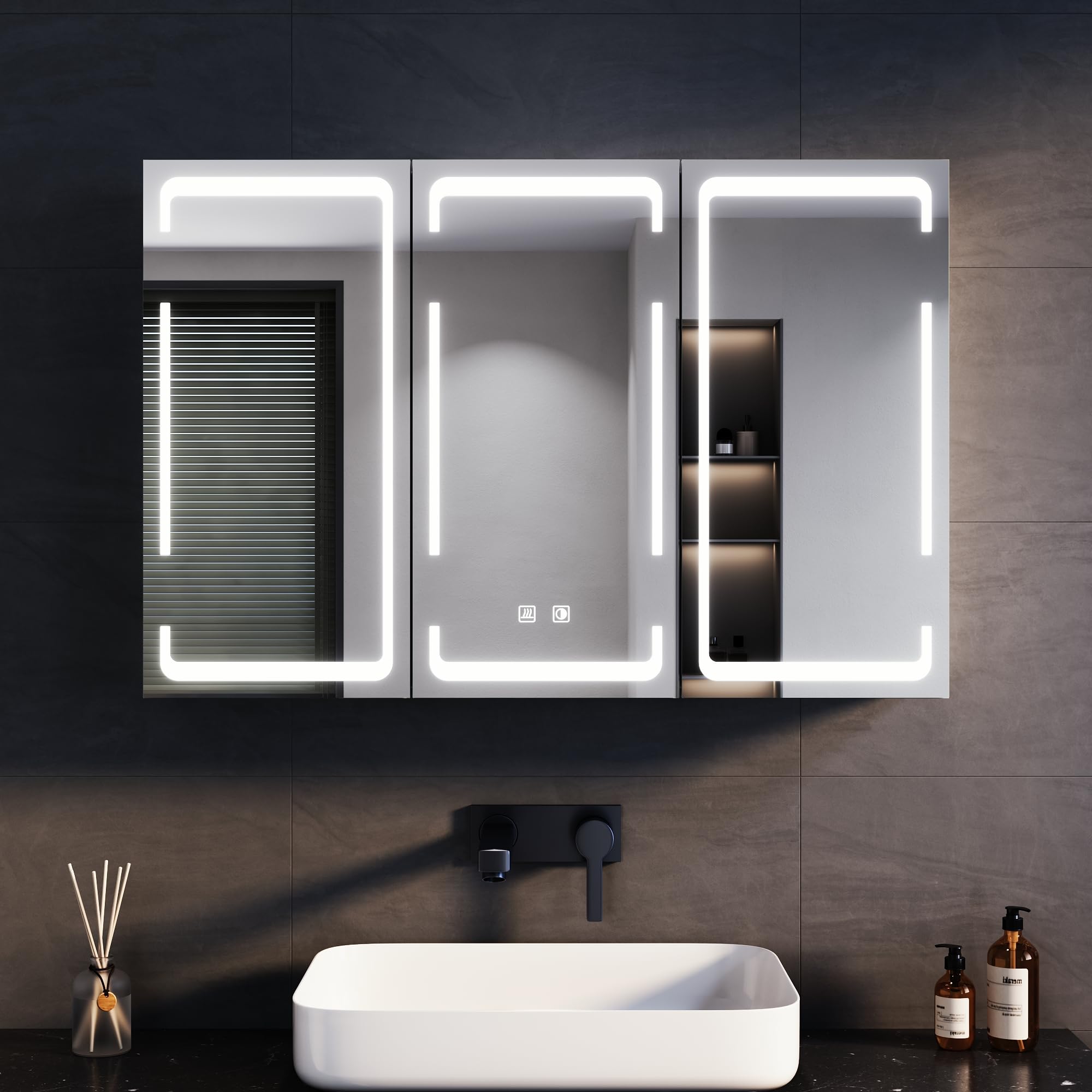 SONNI Armario Baño Espejo con Iluminación LED, Mueble Espejo Baño LED Antivaho Regulable en 3 Colores, Armario con Espejo de 3 Puertas con Bisagra Inalámbrica 90x60x14cm