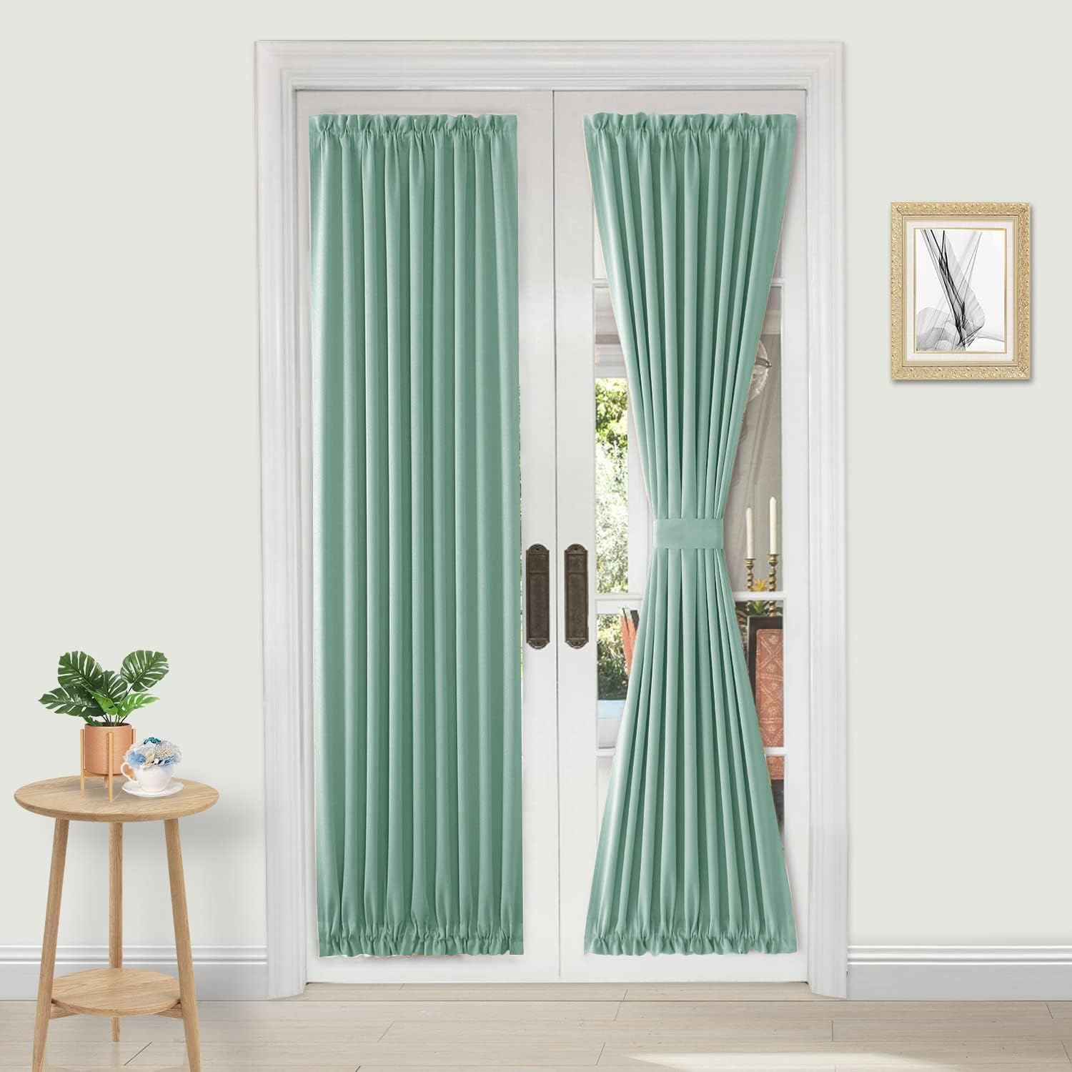 DWCN French Door Curtains โ Rod Pocket Thermal Blackout Curtain for Doors with Glass Window, Kitchen and Patio Doors for Privacy, 25 X 72 Inches Long, 1 Curtain Panel with Tieback, Light Sage โ image 1