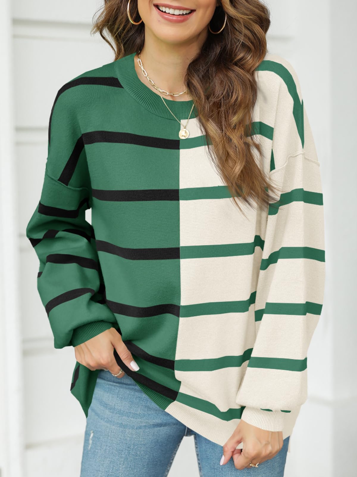 Fisoew Maglione da donna a righe girocollo a maniche lunghe lavorato a maglia a blocchi di colore casual sciolto leggero maglioni per le donne