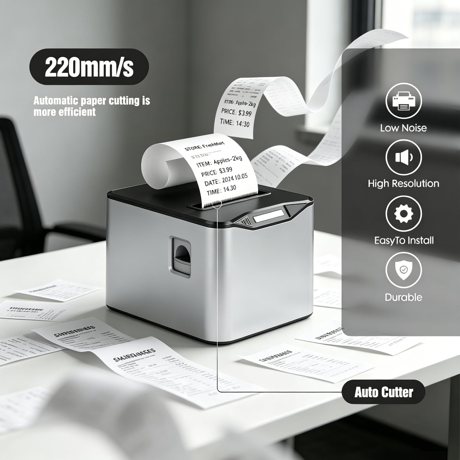 Bisofice Impresora Térmica de Recibos 80mm Impresora Tickets, Impresora de Recibos con Función de Corte Automático, 220 mm/s, USB+LAN, ESC/POS, Compatible con Win/Linux/Mac