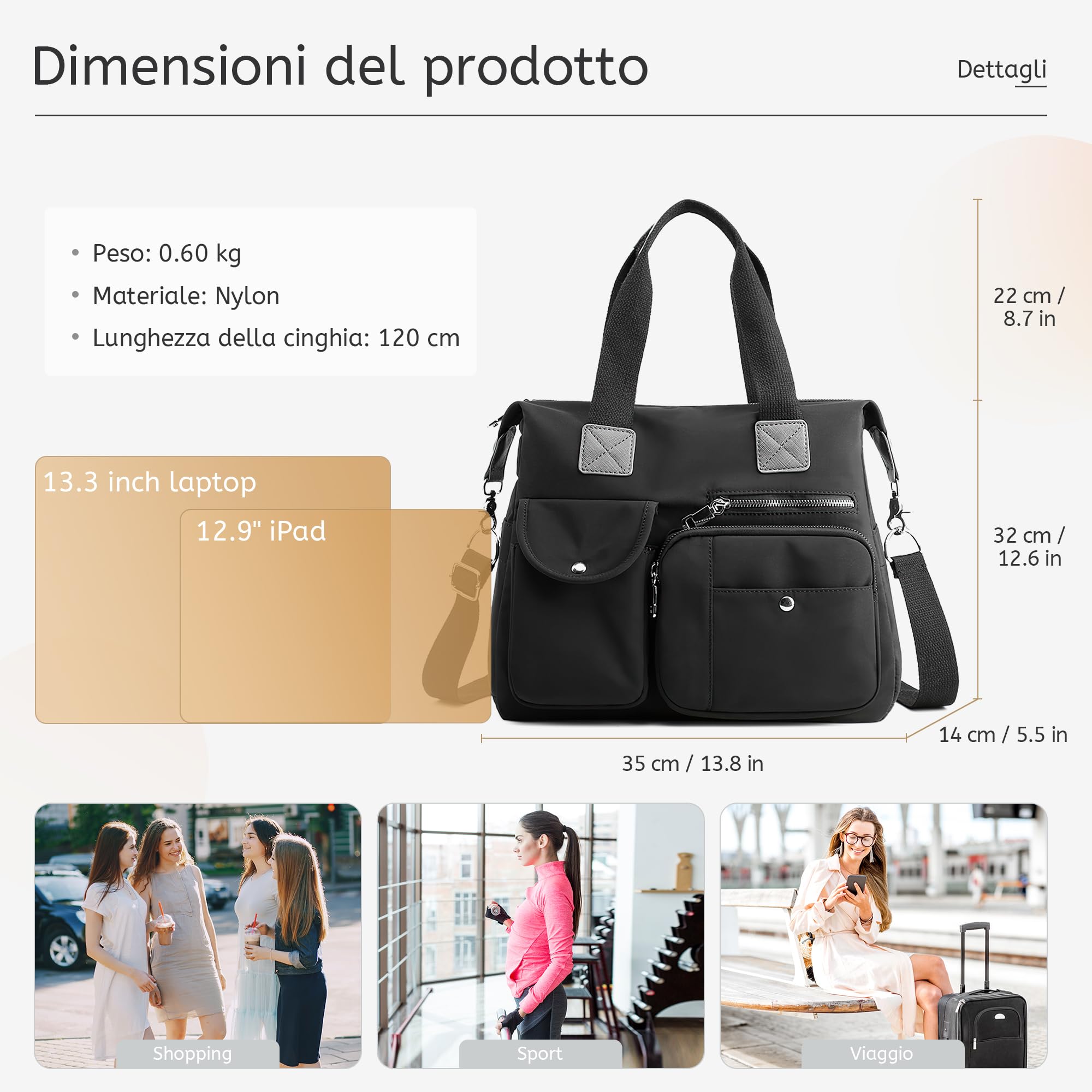 Borsa Donna Multitasche – Borsa A Mano In Nylon Impermeabile Con Tracolla Regolabile E Numerose Tasche, Grande Capacità Ideale Per Lavoro, Viaggi, Shopping E Quotidiano Nero Elegante