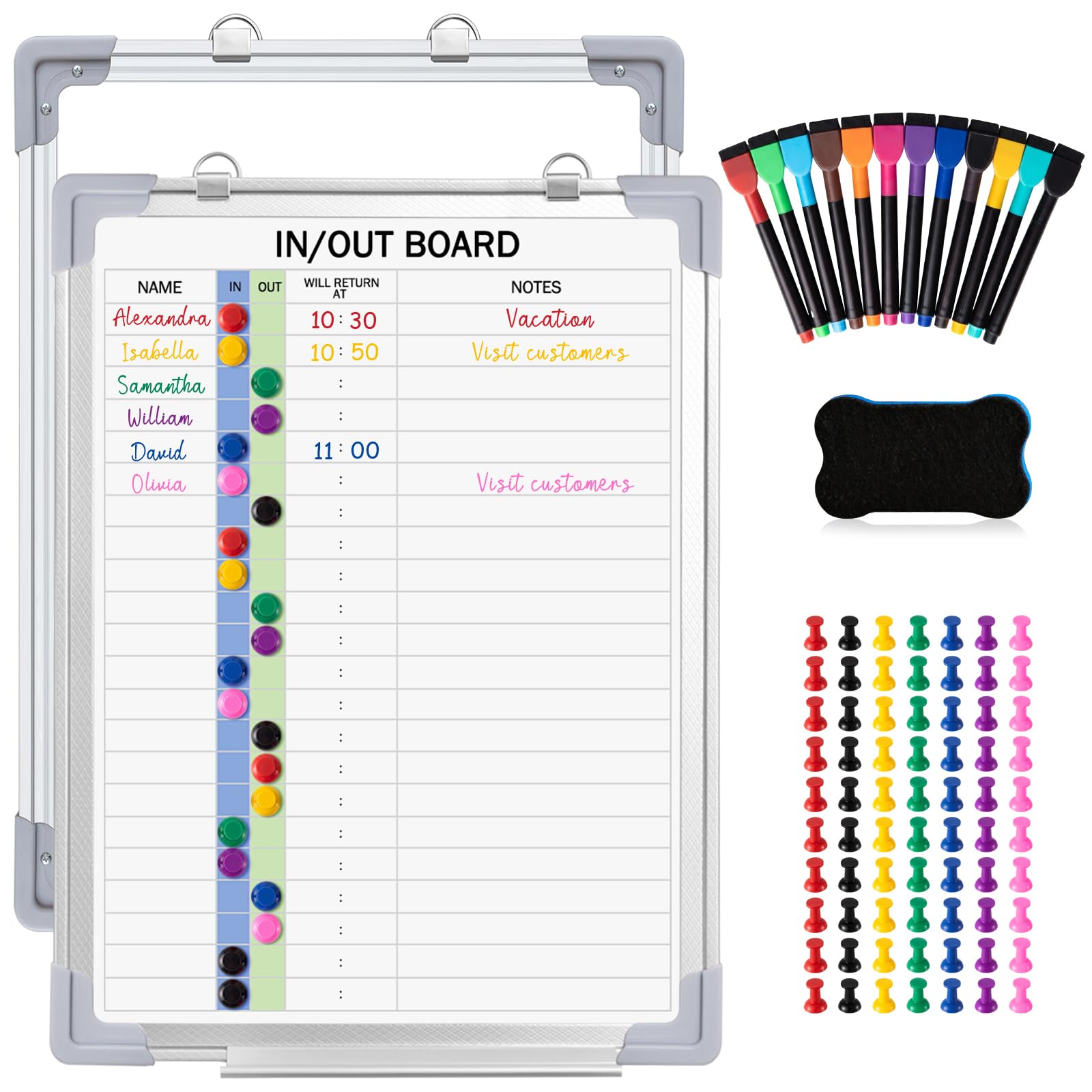 Lincia in and Out Magnetic Dry-Erase Board Aluminum Framed White Board with Lines Names with Magnetic Dry-Erase Marker, Eraser, and Magnets Wall-Mounted for Office Employee (16" X 12",Colored Styles)