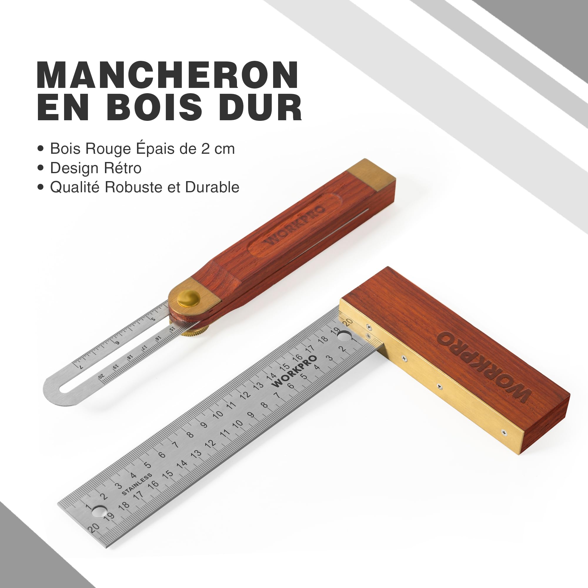 WORKPRO Jeu de 2 Equerres de Menuisier, Equerre 200 mm et Fausse Equerre 230 mm avec Lame en Acier Inoxydable et Manche en Bois Rouge Idéal pour Menuisier, Charpentier et Travail du Bois | Equerre 200 mm et Fausse Equerre 230 mm avec Lame en Acier Inoxyda