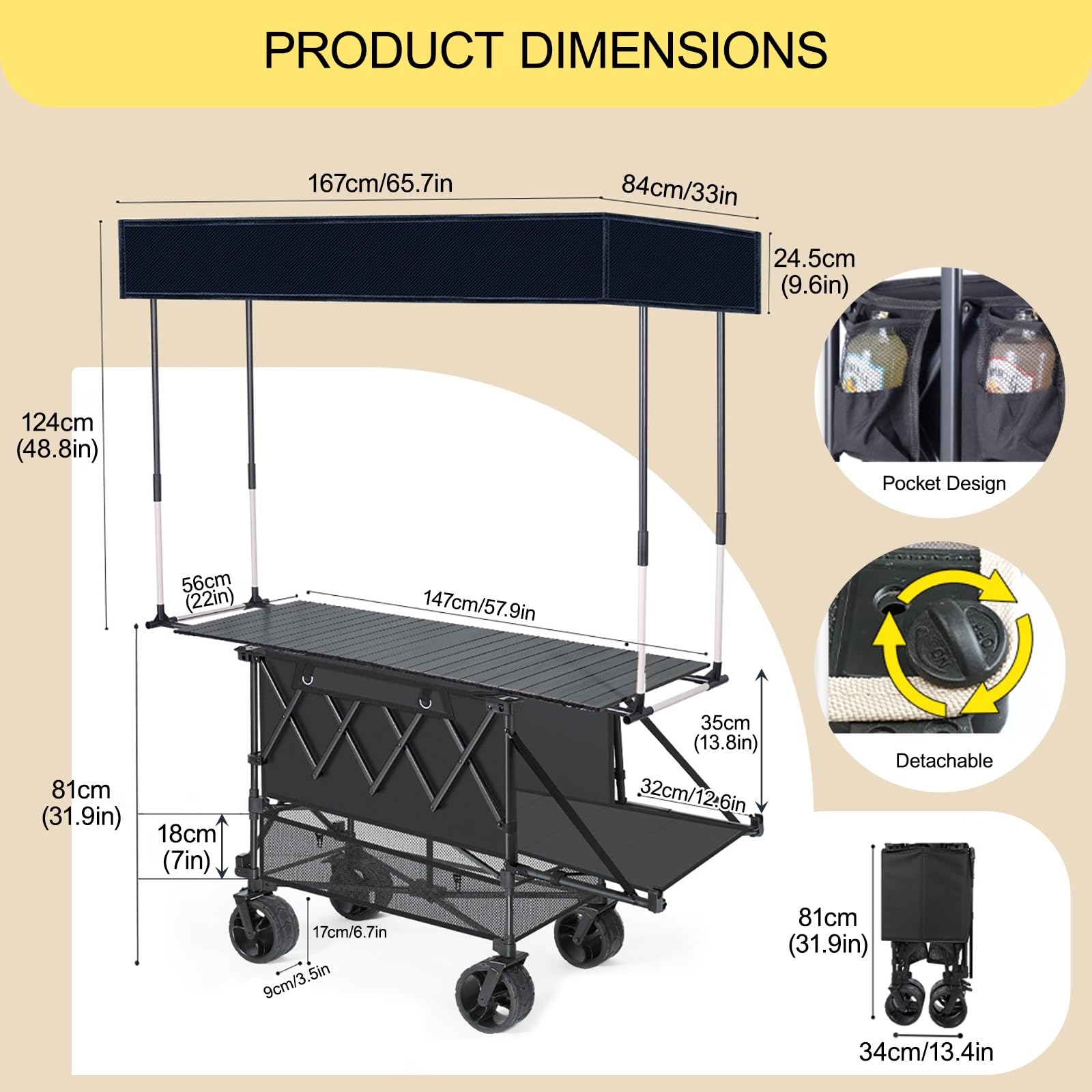 Carrello pieghevole portatile con ruote, ideale per esporre alimenti per eventi all'aperto, mercati agricoli, venditori ambulanti, barbecue, festival e feste, leggero, facile da trasportare