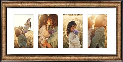 Frametory, Portarretratos de 8 x 20 pulgadas, para cuatro fotos de 4 x 6 pulgadas, tapete blanco de cuatro aperturas, exhibición de pared, ideal