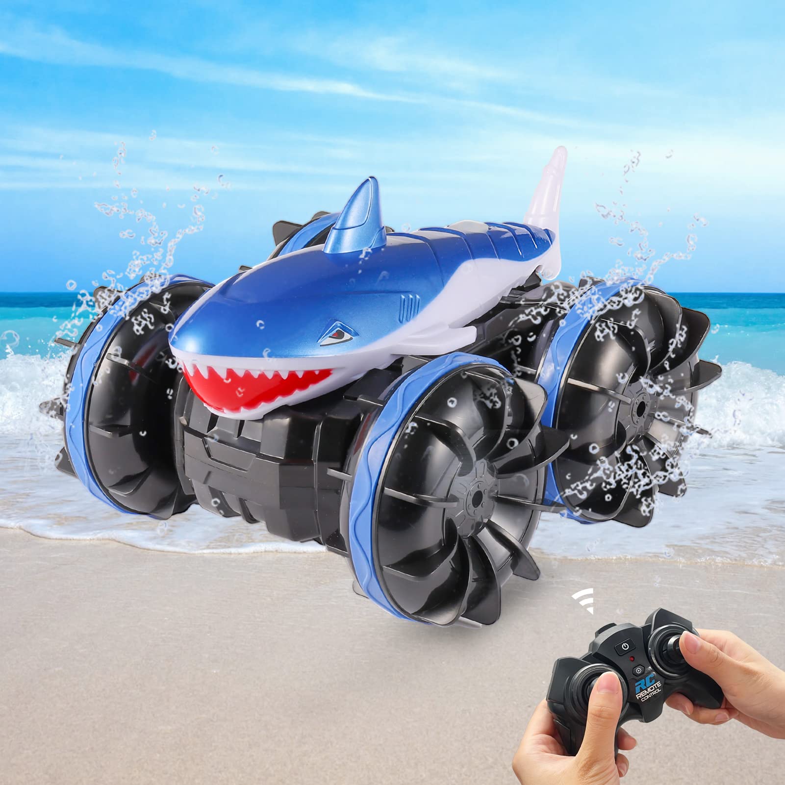 qida Amphibious RC Car Shark, Pool Toys Waterproof for Boys Age 5+, 2.4 GHz Remote Control Monster Truck fits All Terrain, 360° Rotating RC Boat Gifts for Kids on Birthday, Children's Day, Christmas