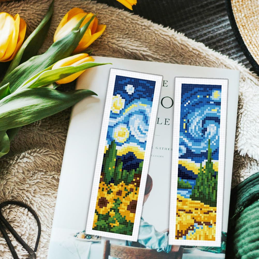 ORIGACHKit di 6 segnalibri a punto croce per principianti e adulti, fai da te per amanti dei libri con cielo notturno vorticoso, con istruzioni per principianti