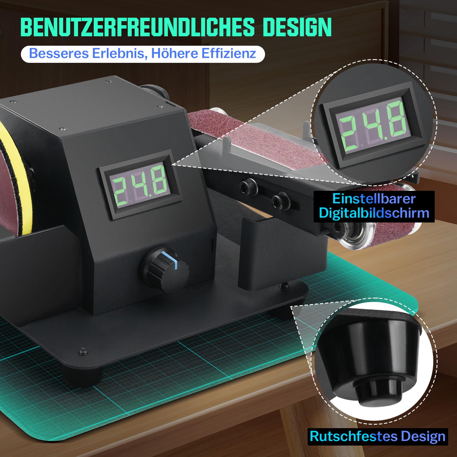 4-IN-1 Mini Tischkreissäge 350W mit LED-Voltanzeige, 0-90° Verstellbarer Bandschleifer mit 10 Schleifbänder, Doppelschleifmaschine, Multifunktionsgerät mit 7-stufig einstellbarer Geschwindigkeit