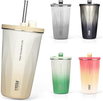 TYESO Tumbler with Straw, Stainless Steel, Wide Mouth, Vacuum Insulated, Home Office Outdoor, Multi-Color, Keeps Hot and Cold, with Lid, 600ml, Large Capacity, for Girls and Boys