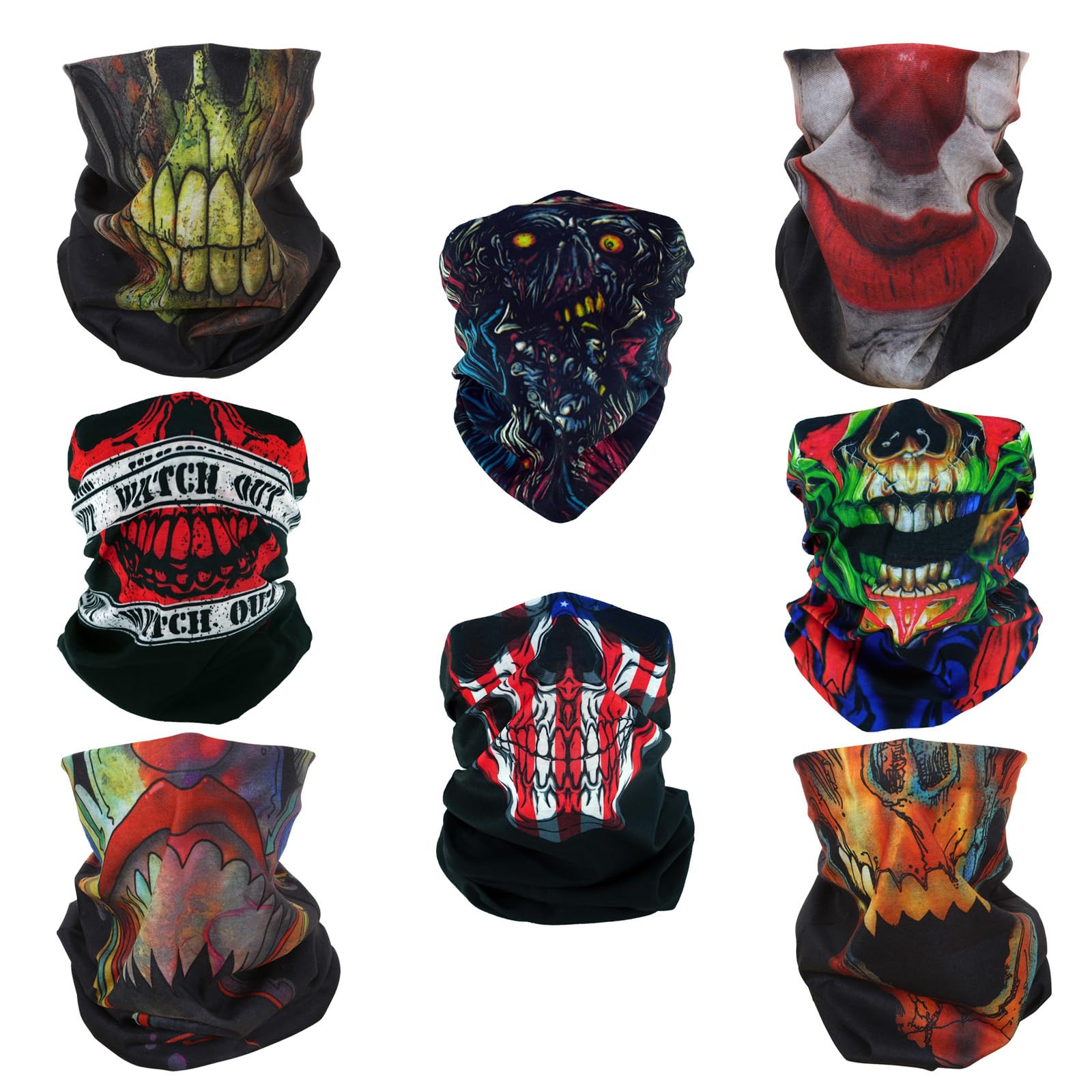 Smehcf Unisex 8X Us Flag Skull Clown Joker Face Mask 8 Skull Zombie Headband Bandana Balaclava Half Face Mask Shield Head Hair Scarf Neck Gaiter Hat Multipurpose For Women Men Breathable Reusable Washable Red Black