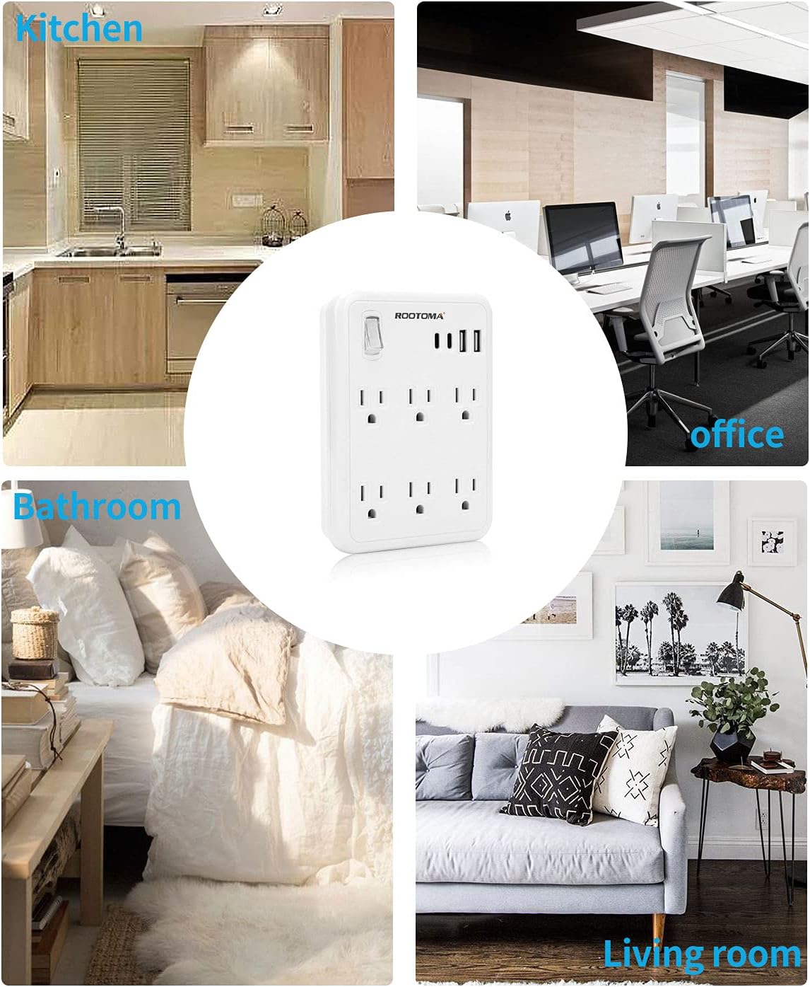 Wall Outlet with USB Ports, 6 Outlet Wall Plug Extender with Switch, Wall Surge Protector Outlet, USB Wall Charger Multiport, USB C Power Strip, USB C Plug Extender for College Essentials,Home,Office : Tools & Home Improvement
