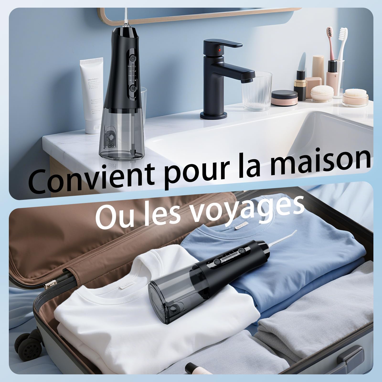 Hydropulseur Jet Dentaire, 320ML Réservoir Amovible, Étanche IPX7 Irrigateur Oral, 4 Modes de Nettoyage, 5 Buses Portable Water Flosser, Irrigateur Dentaire pour la Maison et Les Voyages, Noir