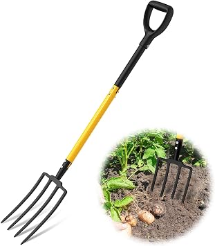 Pitch Fork, 4 Tine Heavy Duty Garden Fork Ergonomic Handle for Gardening