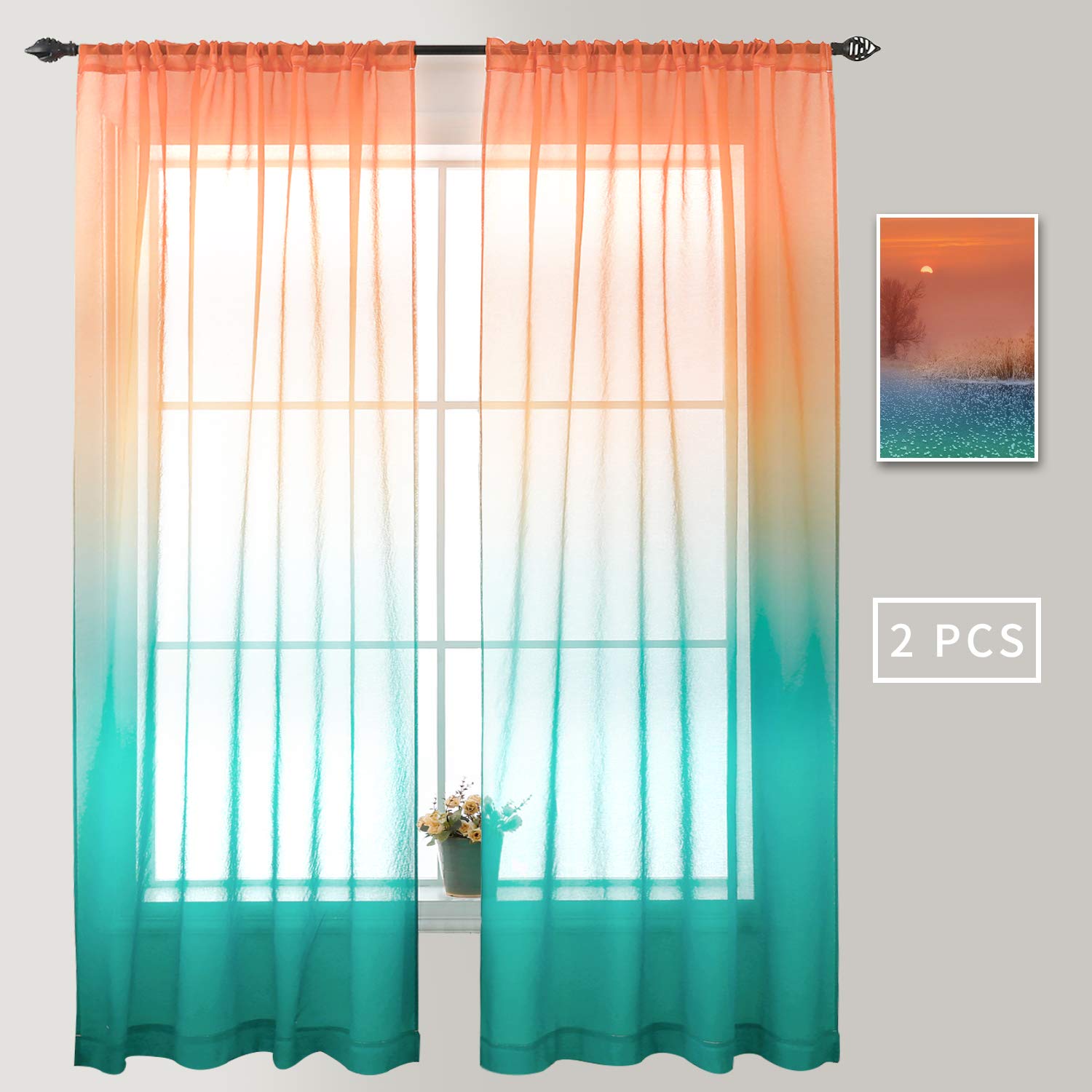 Reversible Ombre Orange and Blue Sheer Curtains Sunrise Sea for Boys Living Room Decor 100% Polyester Linen Panels Drapes Decorative Sunset for Bedroom Girls Room Bright Mint 84 inches Long, 1 Pair