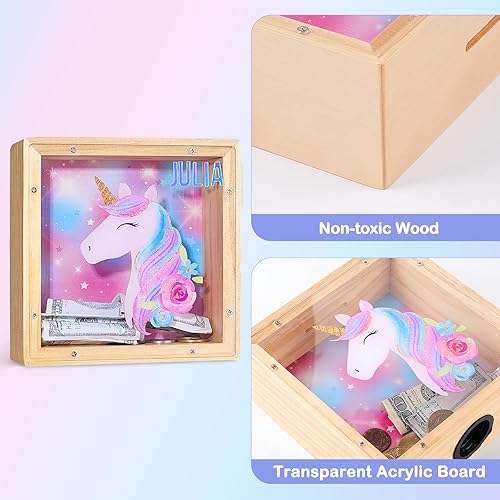 Miniatura 4 de Hedgeink - Hucha para niñas, con diseño de unicornio y monedas, con calcomanías del alfabeto (azul y morado)