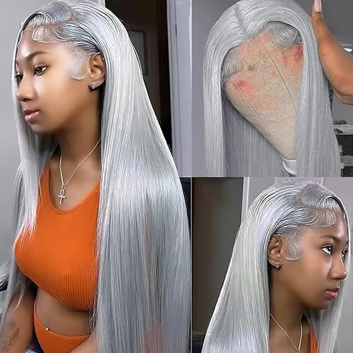 Grey Wig Human Hair 22 Inch Lace Front Wigs Human Hair 13x4 HD Lace Front Wigs 180% Density Grey Wigs Human Hair Straight Grey Human Hair Lace Front Wigs Pre Plucked for Women