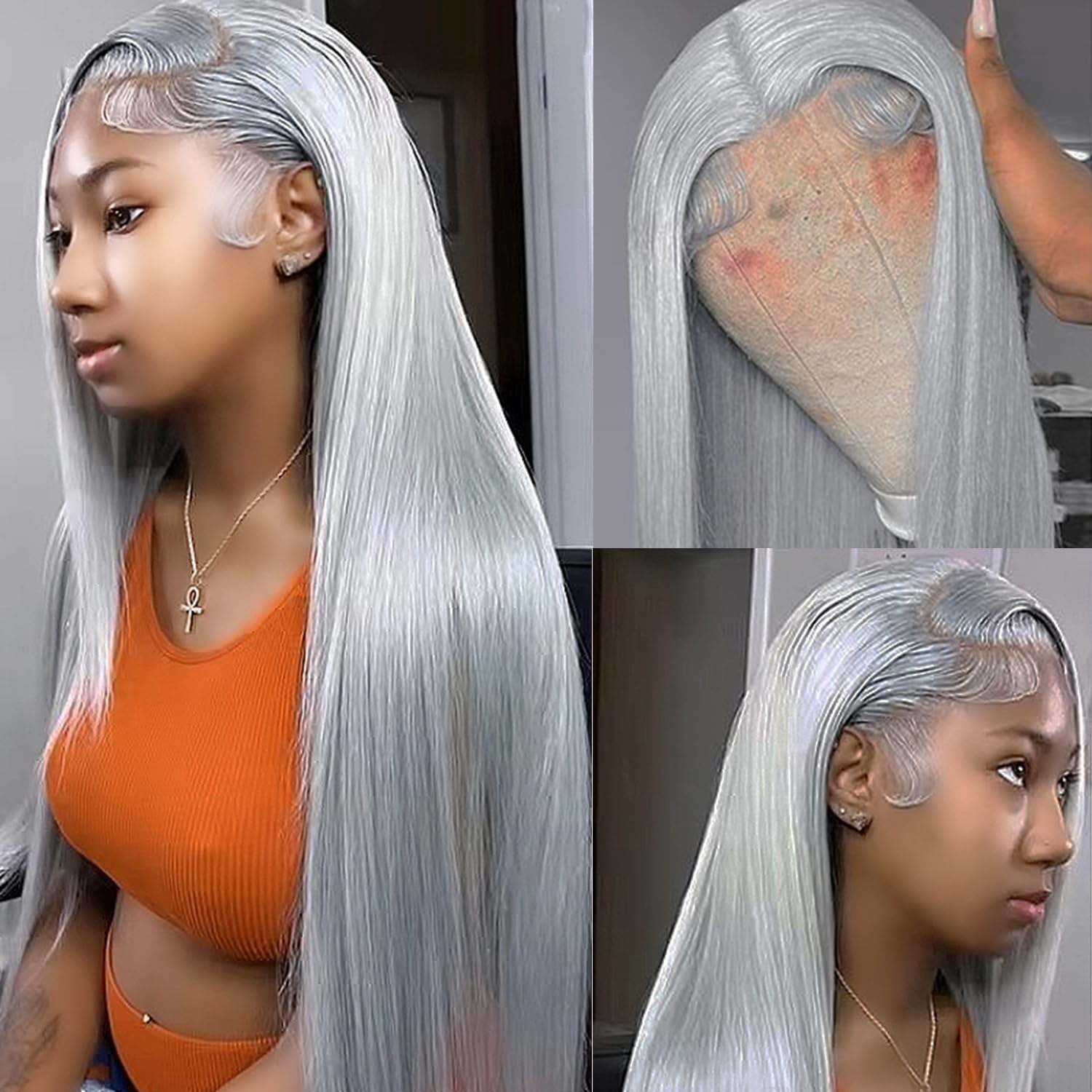 Grey Wig Human Hair Straight Silver Grey 13x6 HD Lace Front Wigs Human Hair Pre Plucked Glueless Grey Wig for Women 26 Inch Colored Wigs