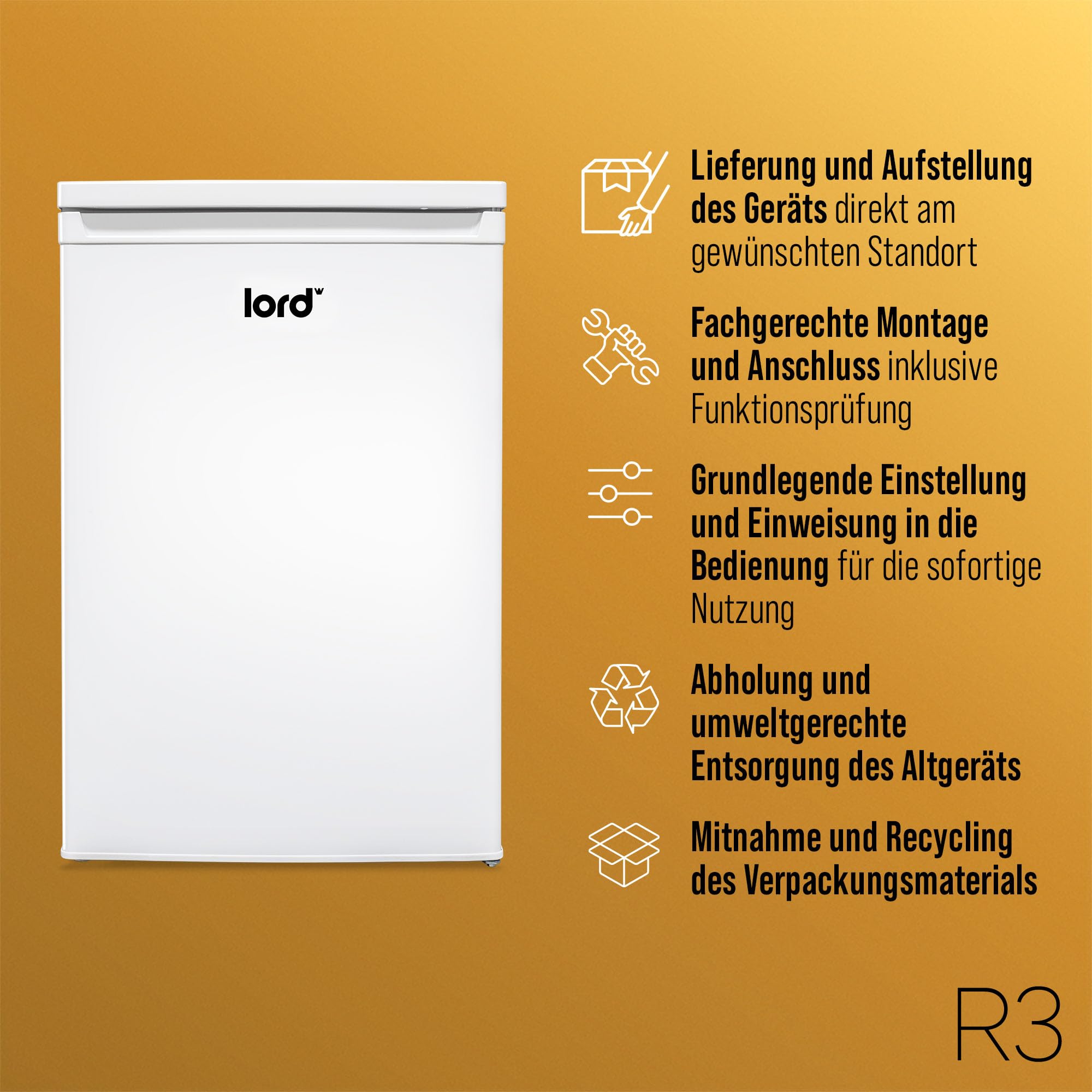 Lord R3 Kühlschrank mit Gefrierfach, 85 cm hoch, 109 L, Energieklasse D, leise 37 dB, freistehend - Mini Kühlschrank mit 14 L Gefrierfach, weiß