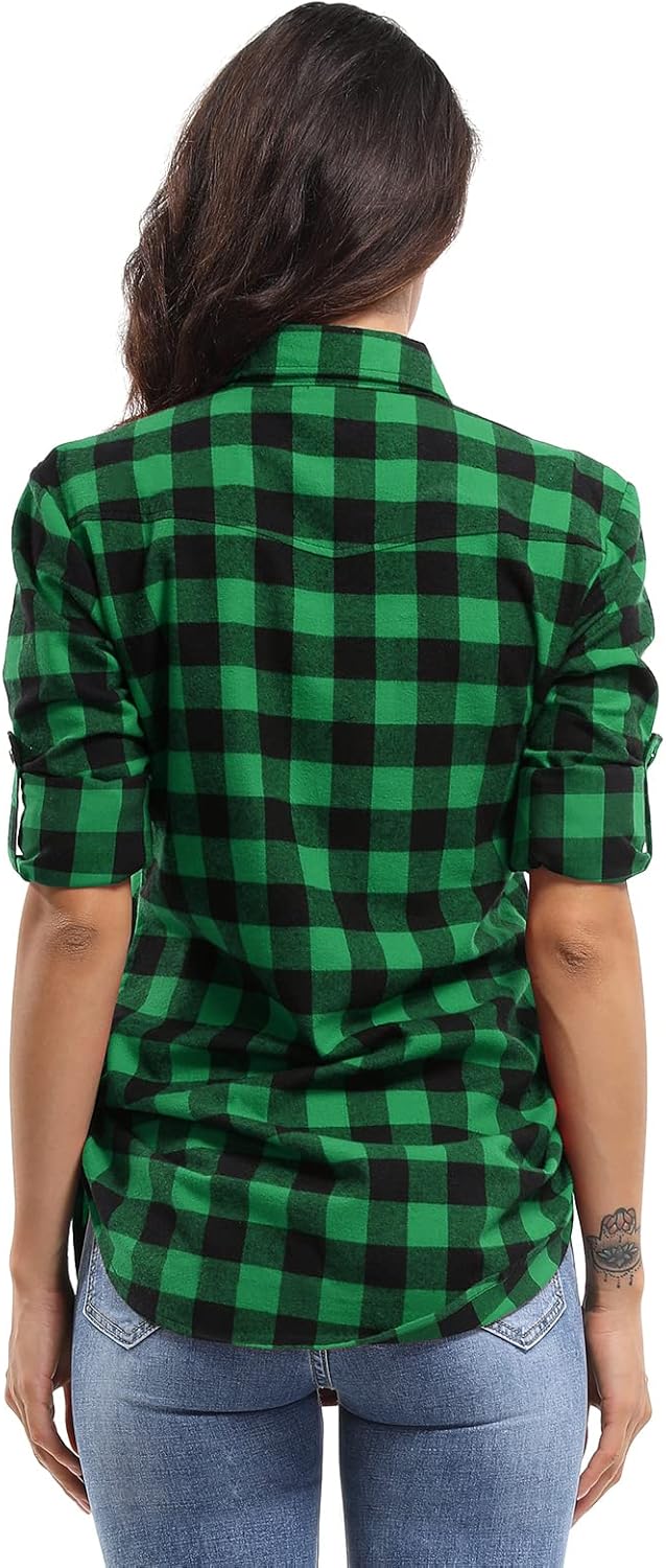 OCHENTA Women's Roll Up Sleeve Button Down Plaid Flannel Shirt Fall Casual Tops - Image 3