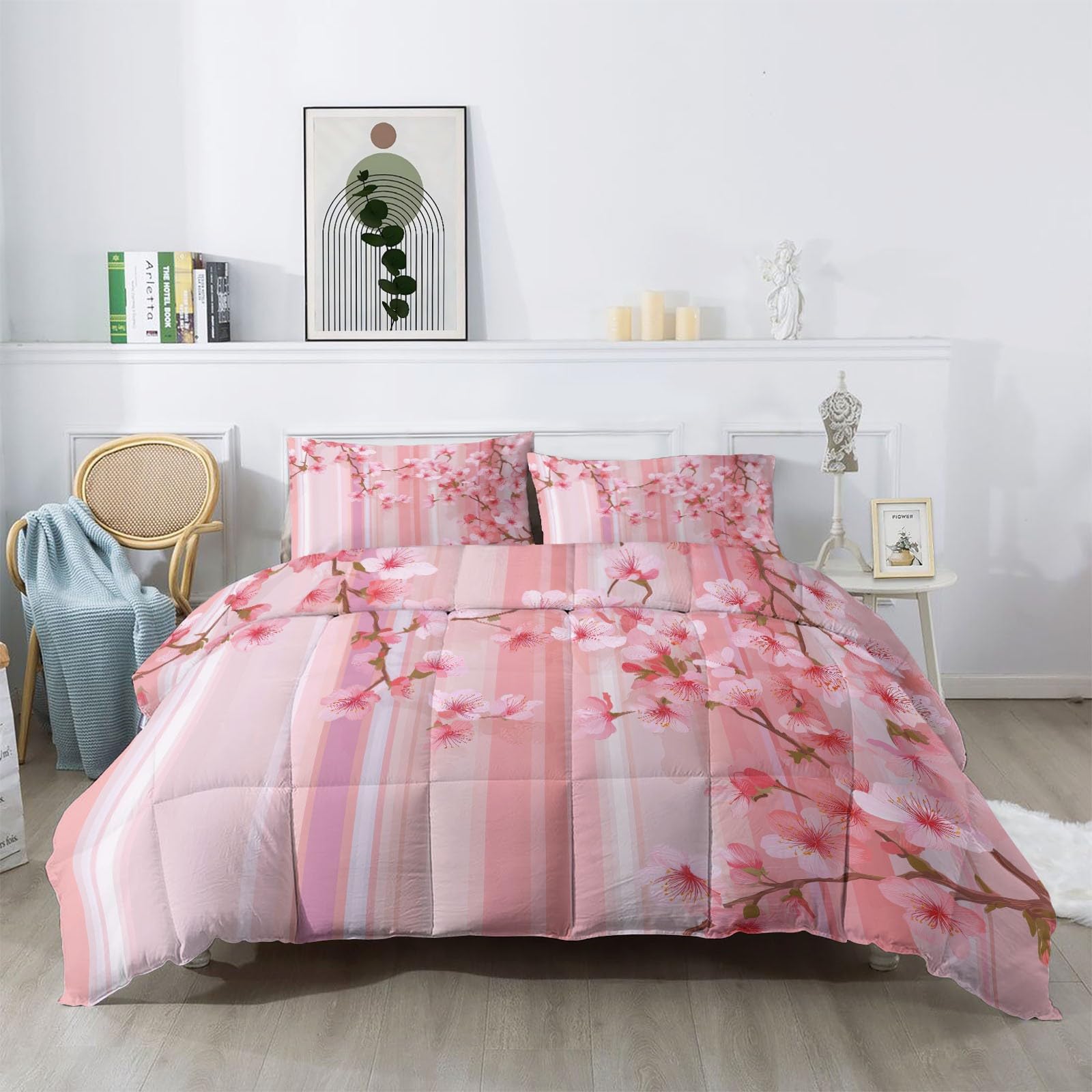 Bettdecke Einfach 4 Jahreszeiten, Kirschblüten Vertikale Streifen Leicht Weiche & warm Steppdecke für Doppelbett Einzelbett, 155 x 220 cm Waschbare Wende Daunendecke Set mit 2 Kissenbezug, Hellrosa