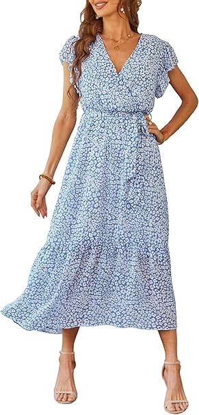 PRETTYGARDEN Women's Summer Floral Boho Maxi Dress Wrap Short Sleeve V Neck Ruffle A-Line Flowy Wedding Guest Long Dresses