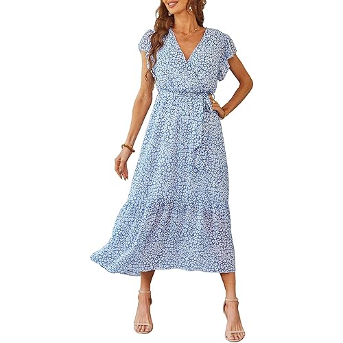 PRETTYGARDEN Women's 2024 Floral Boho Dress Wrap V Neck Short Sleeve Belted Ruffle Hem A-Line Flowy Maxi Dresses