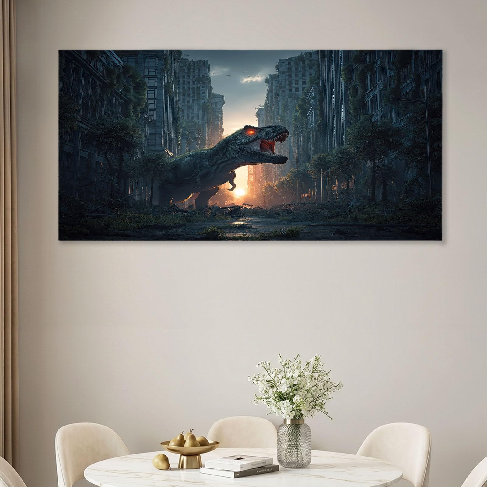 Leinwand Bilder 120 x 80 cm Wanddeko Wohnzimmer - 3D Fantasie Tiere Room Decor Deko Zimmer Wandbilder, Bild auf Leinwand Dinosaurier Film Stadt Hochhäuser, Schwarz