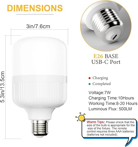 Miniatura 5 de Paquete de 2 bombillas LED recargables de 5500 mAh, 500 lúmenes, 2700 K-6000 K, bombillas regulables con control remoto, puerto de carga USB-C