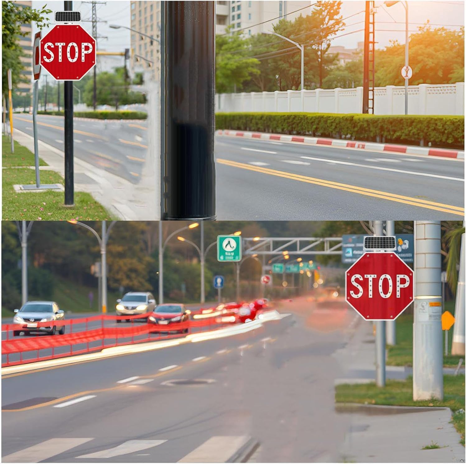 Solar Power Stop Flashing Traffic Signs, Stop Sign-Octagon Metal Frame, 24'' Solar Powered LED Blinking Reflective Street Traffic Warning Sign for Road School Parking