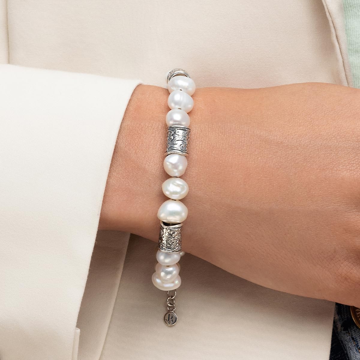 JEAN RACHEL JEWELRY 925 Sterling Silver Bracelet On A 7.5" Chain With Freshwater Cultured Pearls Vintage Look Hypoallergenic Nickel and Lead-free Artisan Handcrafted Designer Collection - Image 2