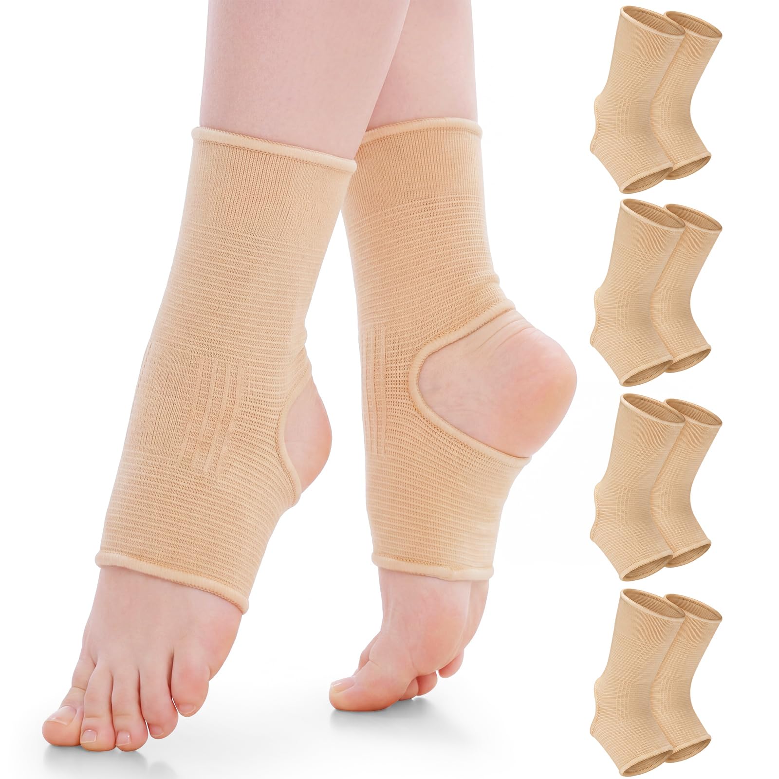 Twistover 8 Pack Dance Ankle Support Sleeves Open Heel Compression Socks, Ankle Wrap Brace Slip on Foot Compression Sleeves for Ballet Dance Yoga Women Men - 20-30mmhg, Beige