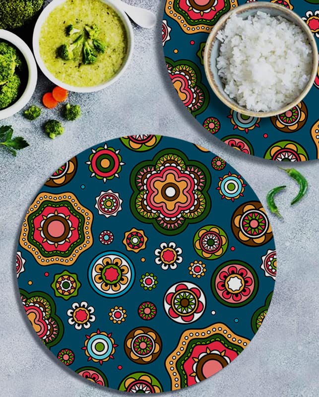Sheer Creations Printed Round Trivet Wooden MDF Placemat Heat Resistant Waterproof Non-Slip Table Trivets for Dining Kitchen Indoor Outdoor, Wipeable Hot Pads (Batik Print) (Set of 2)