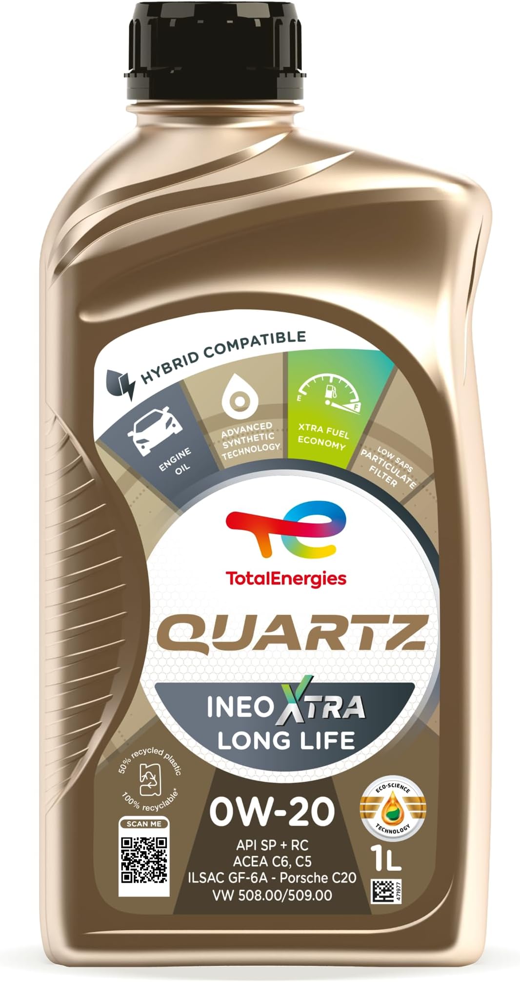 TotalEnergies Quartz Ineo Xtra Long Life 0W20 Engine Oil Fully Synthetic 1L - ACEA C6/C5, API SP, ILSAC GF-6A - Eco-Science Technology