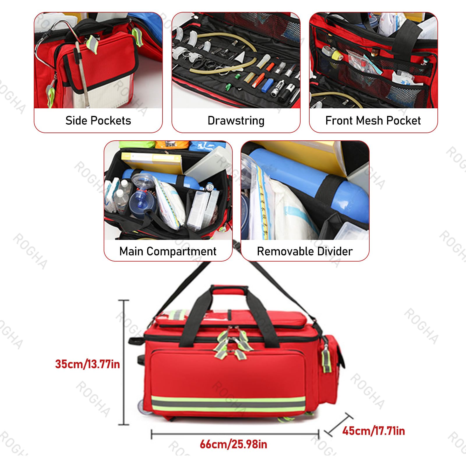 Bolsa médica con Ruedas, botiquín de Primeros Auxilios, Caja de Emergencia Desmontable con Varilla de tracción, con Compartimentos y Tiras Reflectantes, para técnicos de emergencias médicas Red