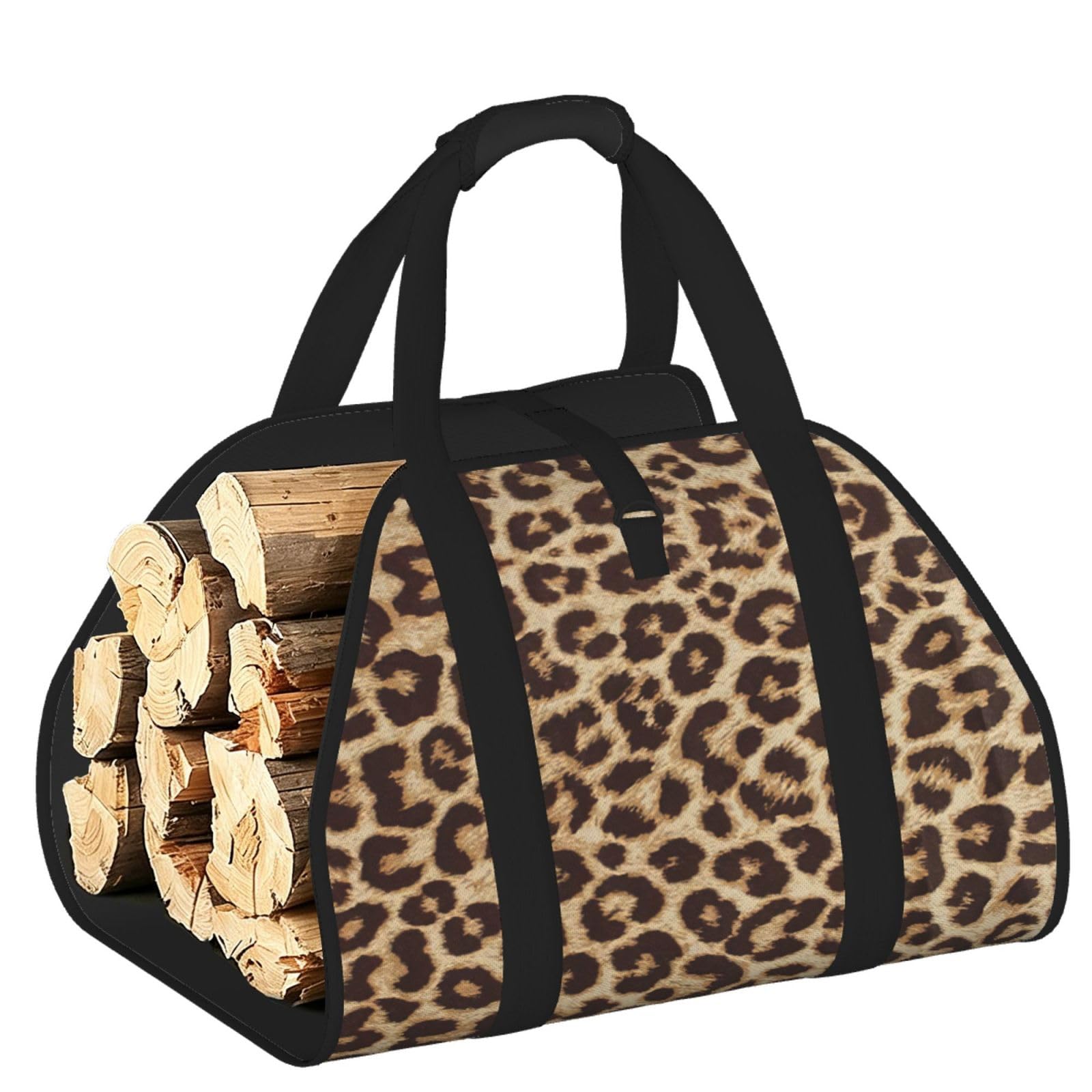 Leopard Pattern Printed Firewood Carrier Bag, Log Tote with Open-Ended Design for Camping Outdoor Wood Hauling