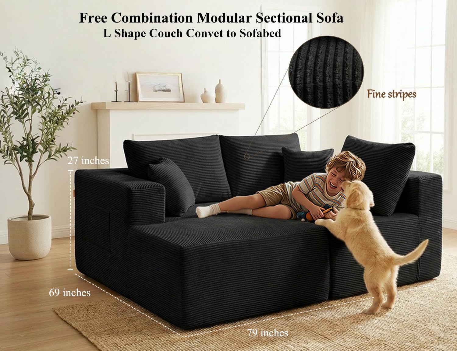108 inches Modular Sectional Sofa with Chaise, Boneless Comfy Corduroy Fluffy Couch with Deep Seat and Side Pockets, No Assembly Required (3.Black Sofa, 1.L Shaped Couch(Left Facing Chaise))