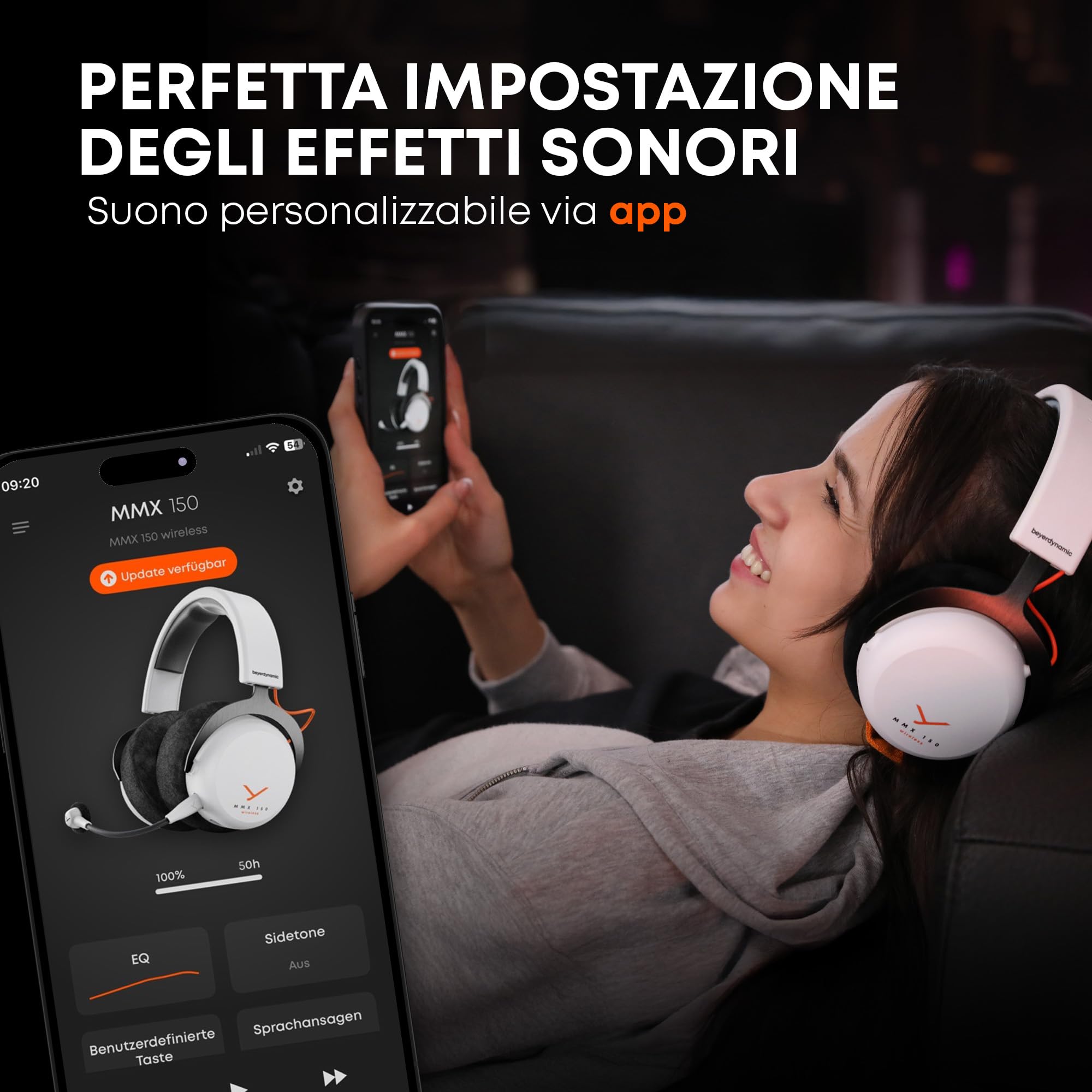 beyerdynamic MMX 150 Wireless - Cuffie da gaming wireless in bianco artico con personalizzazione del suono e cuscinetti auricolari in velluto