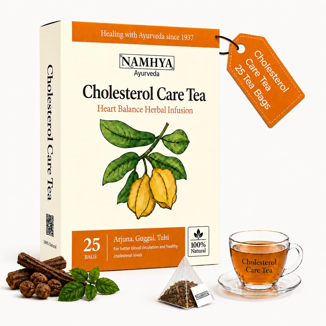 Namhya Cholesterol Care Tea | Herbal Tea for Cholesterol Control, Heart Health & Circulation Support | Ayurvedic Blend for Fat Metabolism, Detox & Triglyceride Balance | 25 Tea Bags 100g
