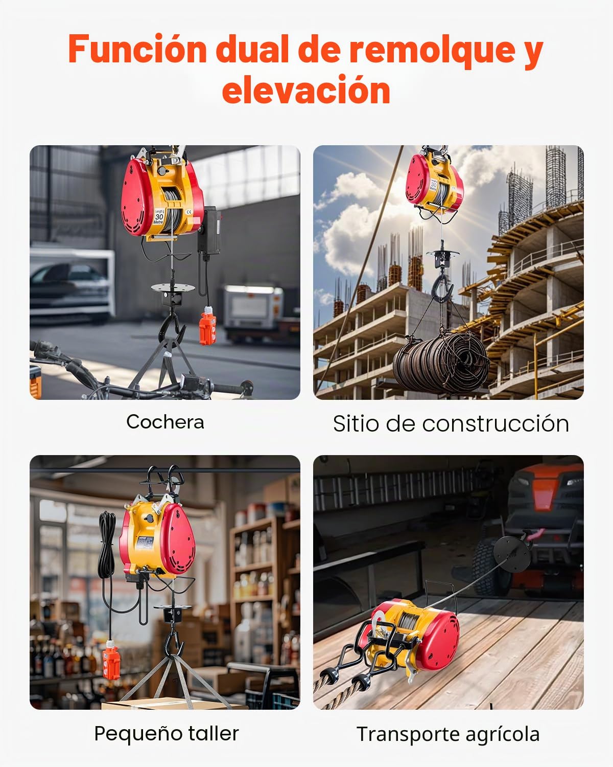 VEVOR Cabrestante eléctrico de 500 kg de capacidad, cabrestante eléctrico portátil de 1800 W, altura de elevación 30 m, 11 m/min con mando a distancia de cable e inalámbrico, para garaje, fábrica
