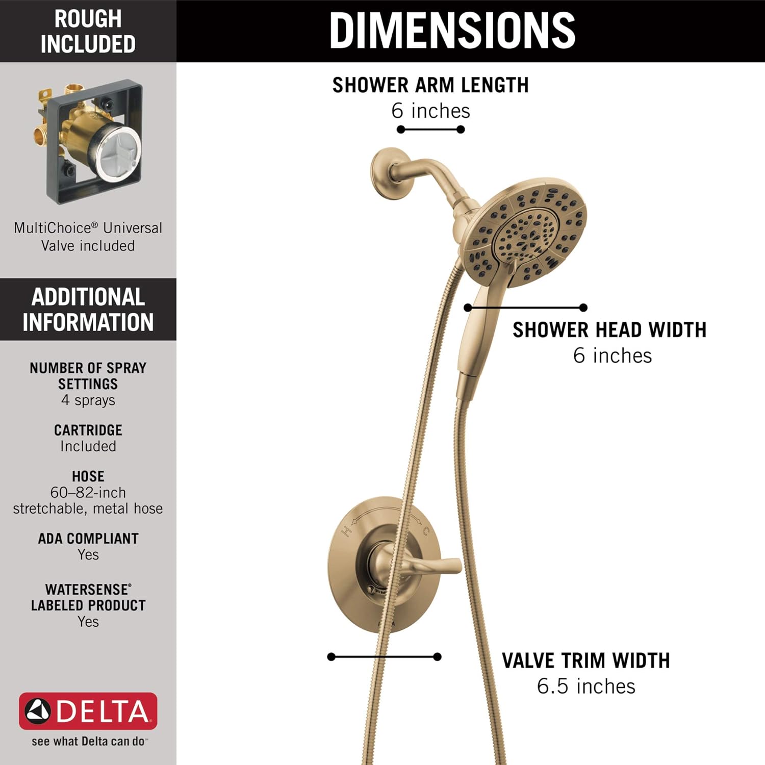 Delta Arvo 14 Series Brushed Gold Shower Faucet Set with In2ition 2-in-1 Dual Shower Head with HandHeld Spray Combo, Valve Trim Kit, Champagne Bronze 142840-CZ-I (Valve Included) - Image 3