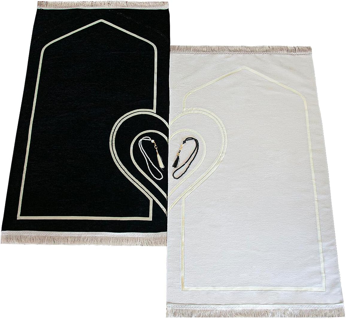ihvan online Muslim Prayer Rug for Couples, Praying Mat Set for Women & Men, Soft Prayers Matt with Prayer Beads, Islamic Gifts for Ramadan Eid, Two Pieces, White-Black