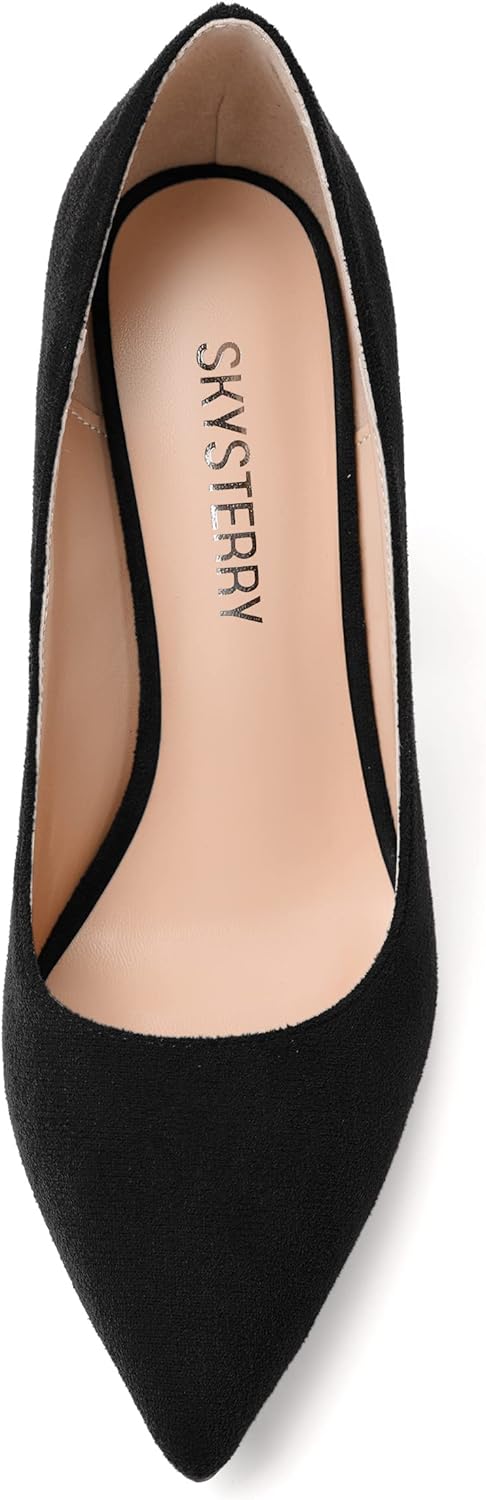 SKYSTERRY Womens Suede Business Slip On Pointed Toe Casual Block High Heel Pumps Shoes 4 Inch