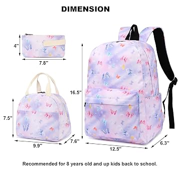 Butterfly Girls School Backpack for Kids Teens, Elementary Middle School Backpacks Bookbag Set with Lunch Bag Pencil Case