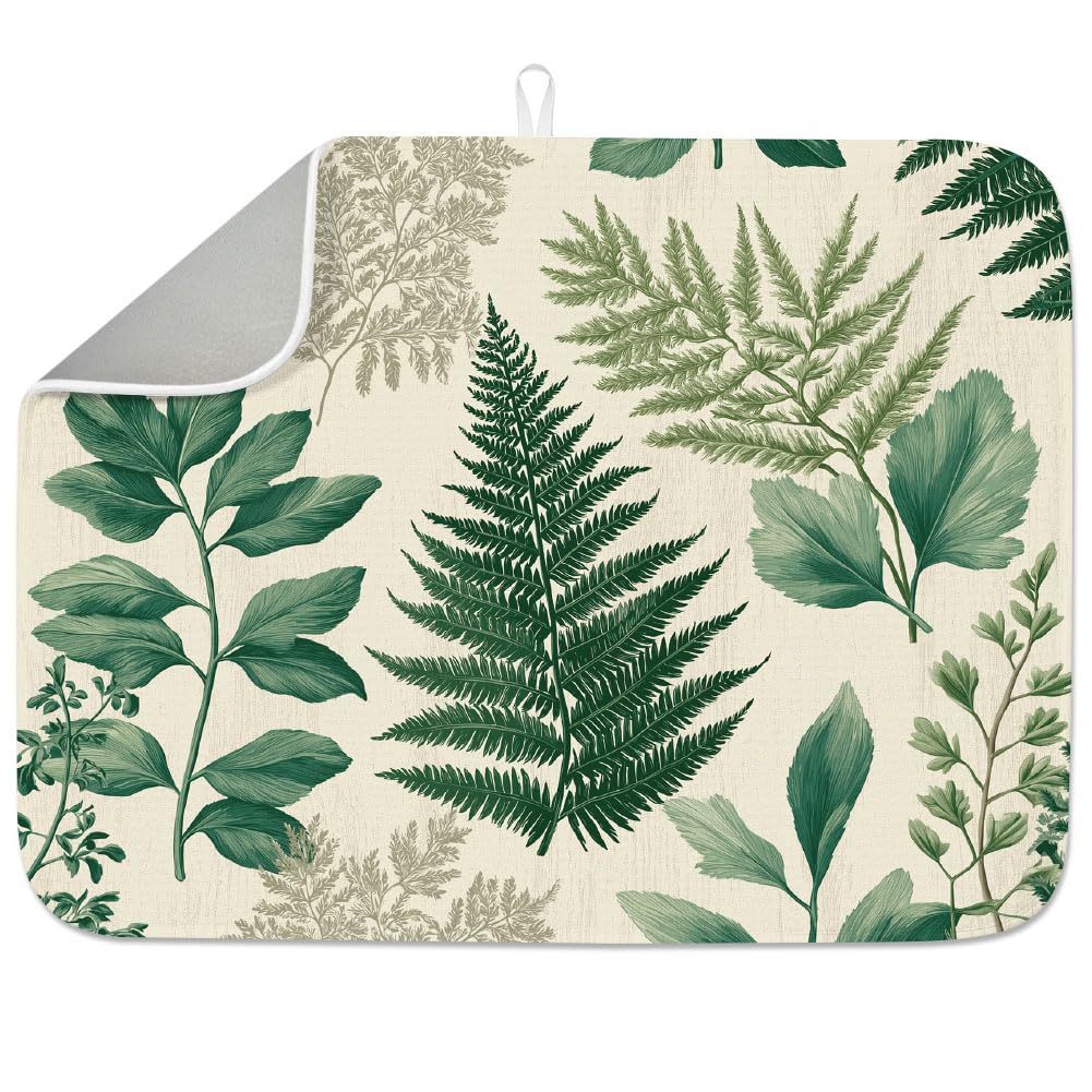 INFUNLY Tropical Plants Dish Drying Mat for Kitchen Fern Leaves Vintage Dish Drainer Mats Absorbent Microfiber Green Botanic Dishes Drying Pad 18x24 Inches Washable for Countertop Coffee Bar