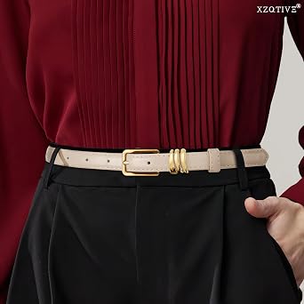 XZQTIVE Women Skinny Leather Belt Ladies Black Thin Waist Belt for Dresses Jeans Pants with Gold Buckle and Metal Loops