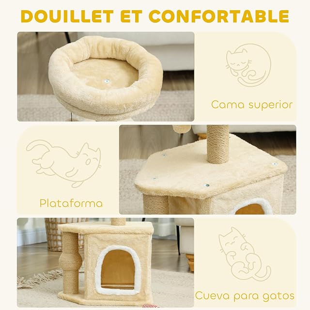 Foto 3 de 8 de PawHut Rascador para Gatos con Cama Cueva Plataforma 66 cm Beige