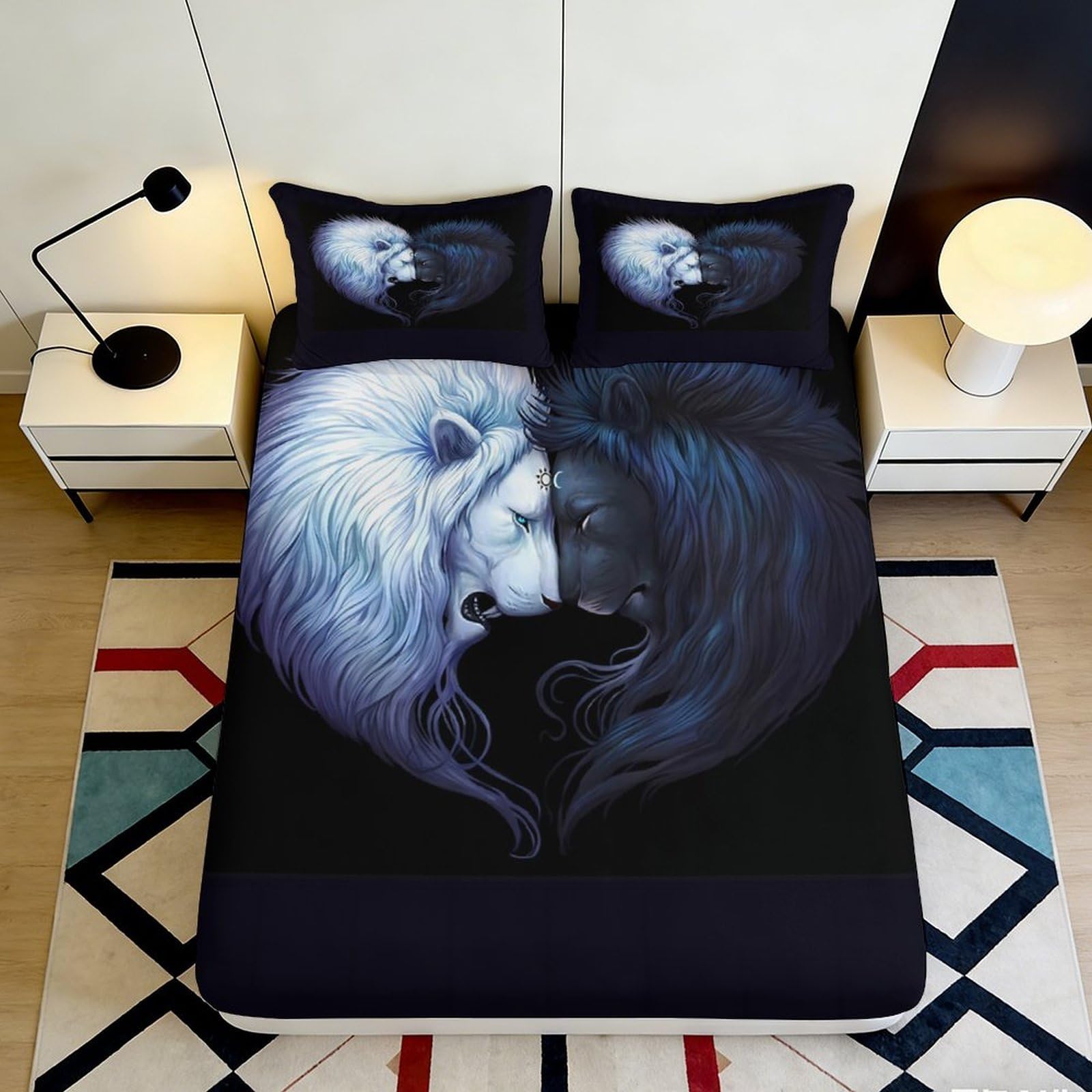 Pnayamiorkfel Style-3 3D Printed White Lion Fitted Sheet Microfiber Soft Breathable Black Lion Mattress Cover For Bedroom Dorm Decor 90X200x25cm