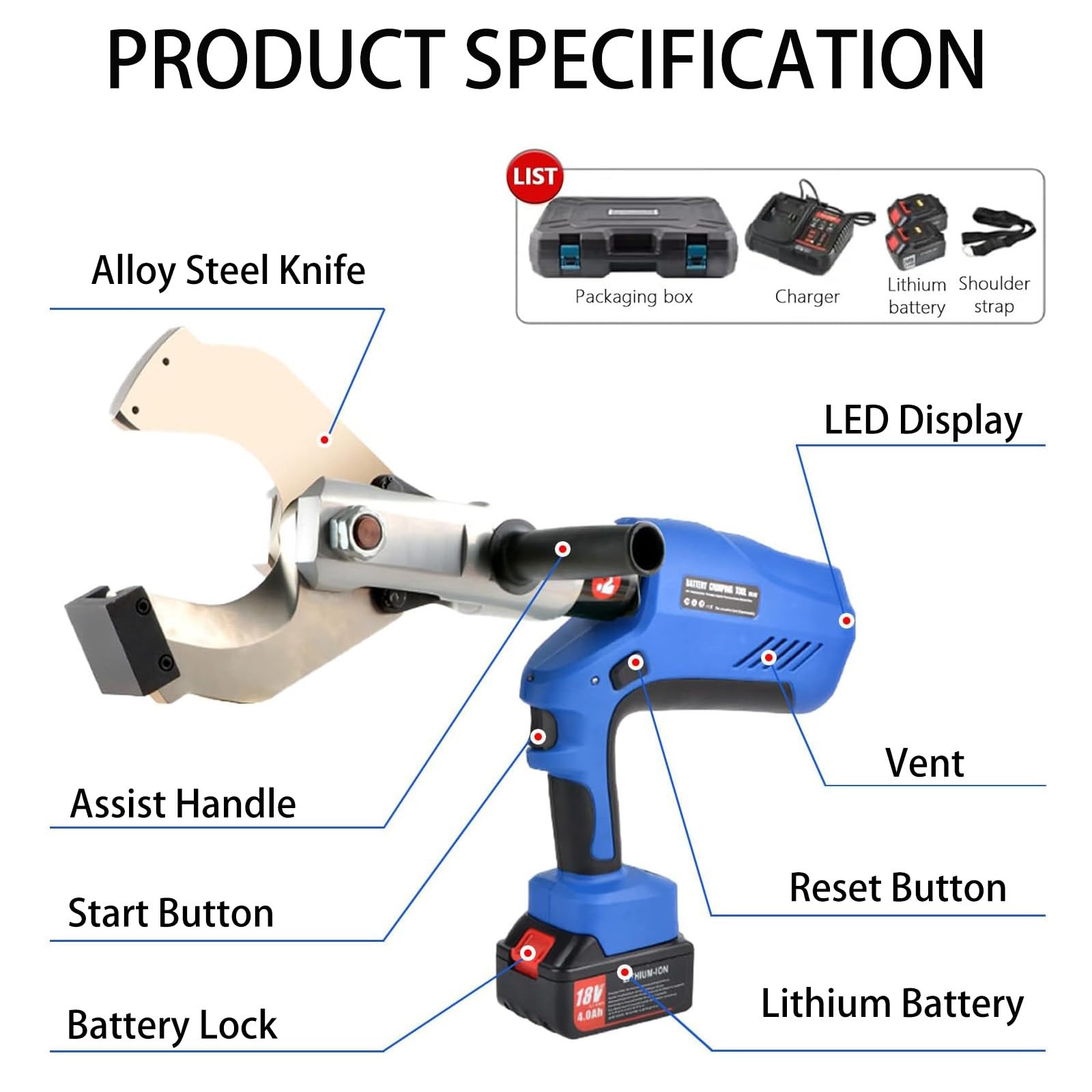 Cutter Eléctrico de Alta Precision, Tijeras Electricista Profesional con Fuerza de 150-250 KN, Alicate de Corte Electricista para Cable de 85-120 mm, Pantalla LED 85C